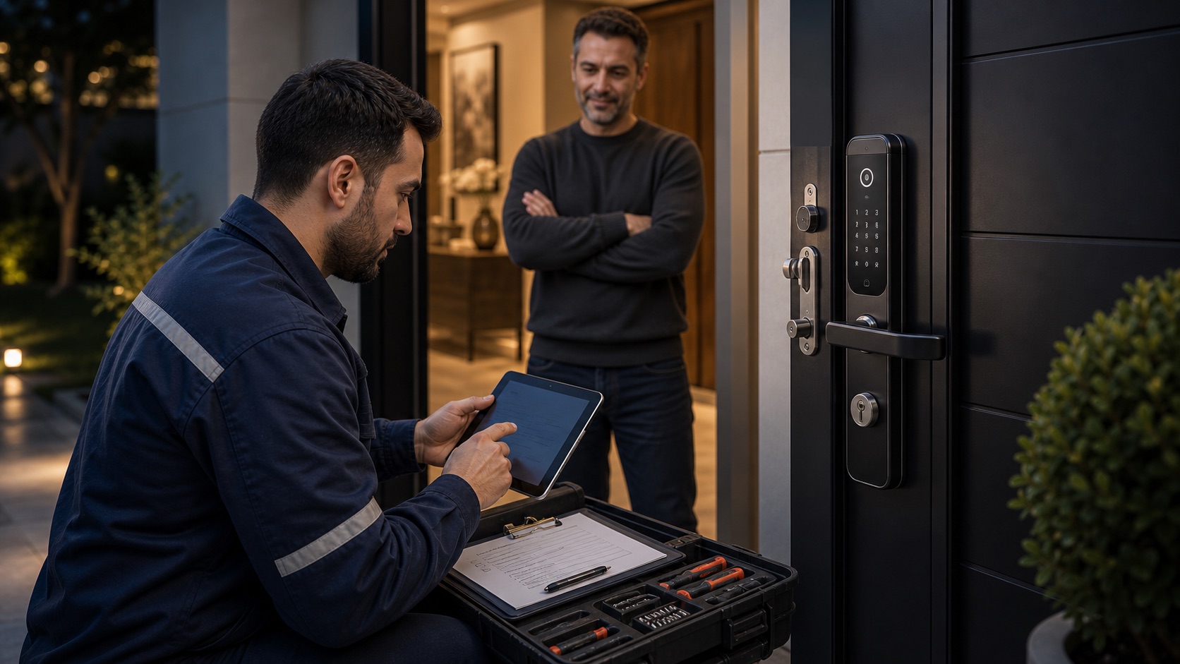 Acarkent villa girişinde akıllı kilit servis ve kontrol işlemi